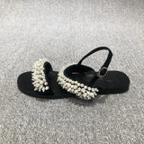 2025 New European Women's Shoes Pearl Sandals One-Word Buckle With Beads Toe Flat Sandals
