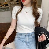 Summer Knitted Sweater Pullovers Short Sleeve Turtleneck Thin Sweater for Women Female Slim Jumper Office Lady