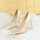 Zingj Korean Version Of Fashion Banquet High Heels Fine Heel Super High Heel Shallow Mouth Pointed Water Diamond Bow Single Shoe