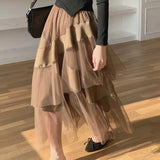 Mesh Skirt For Women 2022 Summer Patchwork High Waisted Tulle Asymmetrical Skirt Black White Brown High