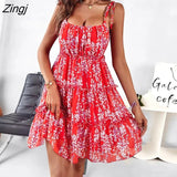 Dress for Women Summer Dresses 2022 New Elegant Ruffle Hem Fold Elastic High Waist Slim A-line Mini Floral Print Slip