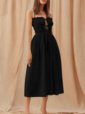 Women Tie-up Hollow Long Dress New Sling A-Line Dress Fashion Solid Ruffle Edge Off Shoulder Summer Dress Long