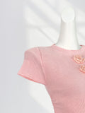 Zingj Little Sister Pinch Waist Pink Knit Short Sleeve T Shirt Female Shoulder Slim Short Three-Dimensional Rose Shirt