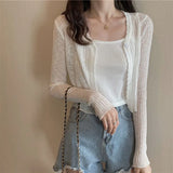 Women V-neck Solid Single Button Slim Knitted Thin Tops Female Korean Style Simple Trendy Long Sleeve Sun