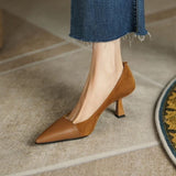 Spring And Summer New Splicing Brown Light Mouth Single Shoes Female French Pointed Female Thin Heel Simple Temperament High