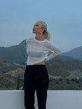 Fashion White Elegant Striped See Through Women Tops Outfits Long Sleeve T-Shirts Tees Skinny Club Party