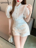 Summer Women's Shorts Suit Casual Fashion Ladies Wind Short Puff Sleeve Top and High Waist Slim Wide Leg Shorts 2 Piece
