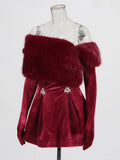Temperament Famous Wind Velvet Dress 2025 New Hair Collar Splicing Diamond High-Sensing Sexy Breast Short Skirt