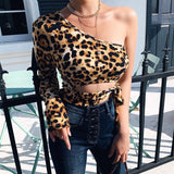 One Shoulder Cropped Tops Hollow out Leopard Print Lace up T-shirts for Women Slim Fashion Autumn Winter