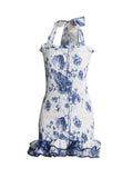 2025 Spring New Fashion Temperament Printing Design Wood Ear High-End Sense Short Hanging Neck Dress