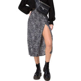 Elegant Split Long Skirts Vintage Leopard Floral Print High Waist A Line Skirts Office Lady Casual Bodycon Midi