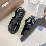Rome Sandals Women Flat Shoes Round Toe Genuine Leather Holiday Beach Shoes Woman Comfort Thick Sole Sandalias