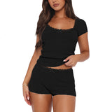 Lace Splicing Home Two-Piece Set Of Body-Repair Collar Knitting Short Suit Women's Multi-Color Leisure