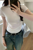 White T-Shirt With A Slim Round Collar And Short Sleeves Is A New Style Of Foreign-Style Pleated Waist Blouse For Women In Spring And