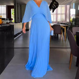 Zingj New Fall 2023 Solid Color V-Neck Bat Sleeve High-Waisted Dress-Outfit
