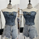 Old Style Retro Brae Waist-Dyed Wear Sexy Shoulder-Wrapped Sleeveless Top