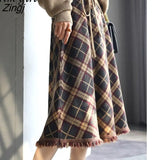 Plaid Knitted Skirt Women Elegant Designer Tassel Long Pleated Skirt Autumn Winter High Waist Slim A-line Skirts