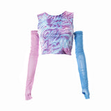 Y2K Fashion Cute Tie Dye Print Open Shoulder Crop Tops E-girl Aesthetics Harajuku O-neck Mesh Long Sleeve T-shirts