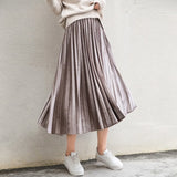 2020 Women Long Metallic Silver Maxi Pleated Skirt Midi Skirt High Waist Elascity Casual Party