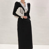 Vintage Party Midi Dress Long Sleeve lace collar Solid Casual Elegant Dress 2020 Spring New Fashion