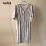 Summer Linen Dress Woman Short Sleeve Slim A-line Mini Dress V-neck Single Breasted vestidos mujer