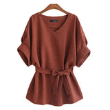 Plus Size Women Cotton Linen Blouse Shirts Casual V Neck Big Bow Summer Tops Ladies Short Sleeve Loose