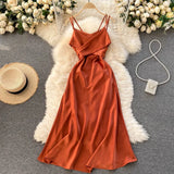 2022 Summer Women Satin Slip Dress Backless Spaghetti Strap Bow Tunic Belted Elegant Vacation Sexy Party Midi