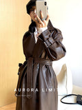 Spring Autumn Long Loose Brown Pu Leather Trench Coat for Women Belt Double Breasted American and European Fashion