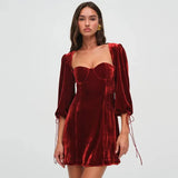 Velvet Square Neck Puff Long Sleeve Mini Dress- Outfit