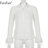 2022 Autumn Women Sexy T Shirts Vintage Fashion V Neck Button Y2k See Through White Casual Long Sleeve Top