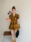Jacquard Puff Sleeve Summer Dress 2021 Short Sleeve Yellow Floral Ball Gown Collared Mini Gold Elegant Dress