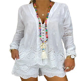 White Two Piece Set Women Casual Shorts Sets Long Sleeve Elegant Drawstring Shorts V-Neck Plus Size Shorts Mujer