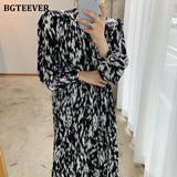 2021 Spring New Stand Collar Women Full Sleeve Dress Elegant Hit Color Female Lace-up Printed Midi Dress