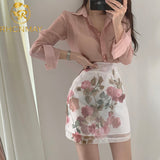 Women Summer 2 Piece Set Sexy Transparent Long Sleeve Pink Chiffon Shirt Top + High Waist Floral Print A Line Skirts