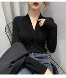 High Stretchy Tee Women's Full Sleeve Criss-Cross V-neck Tshirt Soft Sheath T-shirts Tops for