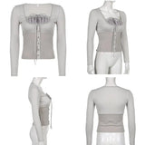 Y2K Sweet Cute Crop Top Lace Frill Bow Pullovers Vintage Square Collar T Shirt Women Skin Button Prepply Korean