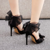 Cm Sexy Large-Size Net Yarn Bow Bow Fish Mouth High Heel Sandals Shallow Word With Round Head Sandals 4546