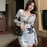 Newspaper Print Sexy Dress Women Autumn Top Fashion Korea Hot Slim Sheath Square Collar Big Bust Mini Dresses