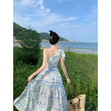 Zingj New Style Hangs Neck Show Shoulder French Dress Seaside Vacation Oil Painting Dress Female Popular This Year