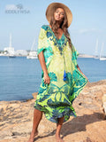 New Bohemian Printed V-Neck Half Sleeve Summer Beach Dress Green Cotton Tunic Women Beachwear Midi Dress Robe de plage