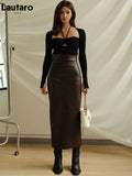 Spring Autumn Soft Brown Faux Leather Maxi Skirt Women with Back Slit High Waist Long Luxury Elegant Office Clothes