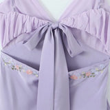Purple Back Tie-Up Floral Embroidery Mini Dress-Outfit