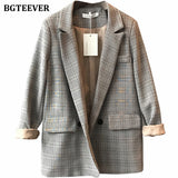 Vintage Loose Double Breasted Women Plaid Blazer Notched Collar Long Sleeve Female Suit Jacket 2020 Autumn Outwear