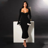 Solid Long Flared Two-piece Crop Sleeve Midi Dress- Outfit