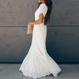 2022 Summer Vintage Women Maxi Party Dress Short Sleeve White Lace Long Tunic Beach Dress Vocation Holiday