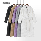 2020 autumn winter coat womens argyle long jacket thin parkas double breasted belt coat