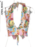 Retro Vintage Floral Print Halter Crop Tops Women Strappy Sexy Female Sleeveless Backless Tank Top Short Streetwear