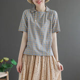 Shirts Women Summer Casual Plaid Tops New 2020 Korean Style Turn-down Collar Female Vintage Blouse High Quality