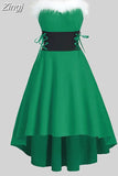 Women Christmas Dress Elegant Puff Long Sleeve Faux Fur Collar Midi Party Costume Xmas New Year Festival