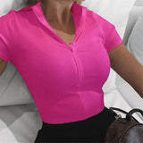 Hot Fashion Slim Fit Zipper Stretch Knitted T Shirt Women Female Bustier Corset High Neck Skinny Croped tee lady